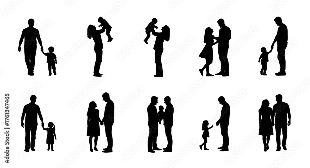 Naklejka premium Set of family silhouettes depicting parents with children in various poses simple vector illustration isolated on white background