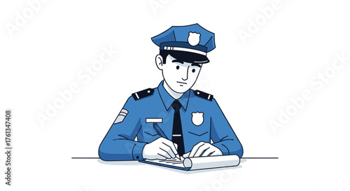 Police officer diligently writing report at desk, committed to duty and public safety
