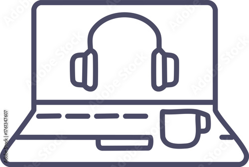 Laptop with headphones and coffee cup line drawing