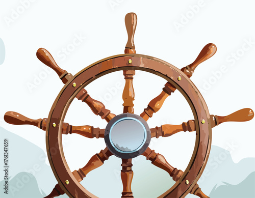 Illustration of a wooden ship steering wheel design