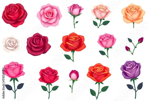 Elegant rose icon set, various styles and colors for design, icons, red