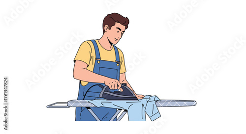 Young man diligently ironing clothes on a board, creating a neat, polished look for everyday tasks and domestic chores