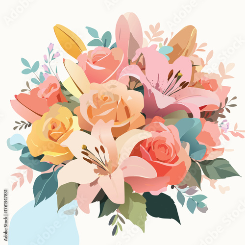 A colorful bouquet of roses and lilies illustration