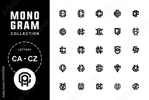 Monogram alphabet collection letters CA until CZ for clothing, apparel, football, baseball, basketball with interlock modern, sport, classic style
