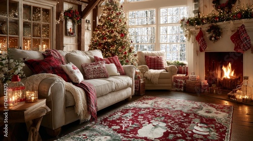 Cozy Christmas living room with beige sofa, red and white pillows, decorated tree with lights and ornaments, patterned holiday rug, glowing fireplace, stockings and garlands.