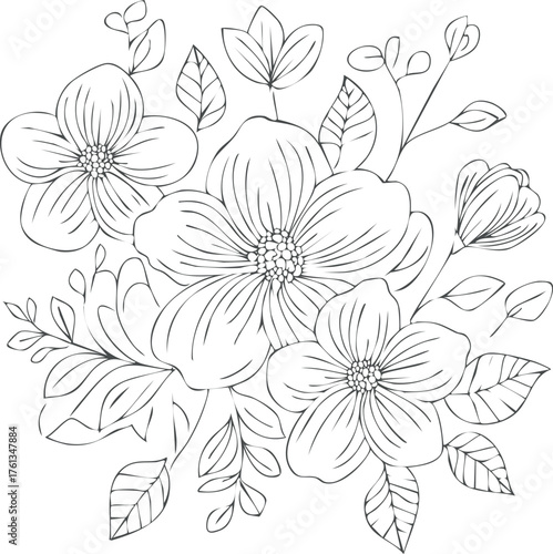 A drawing of flowers and leaves in black and white