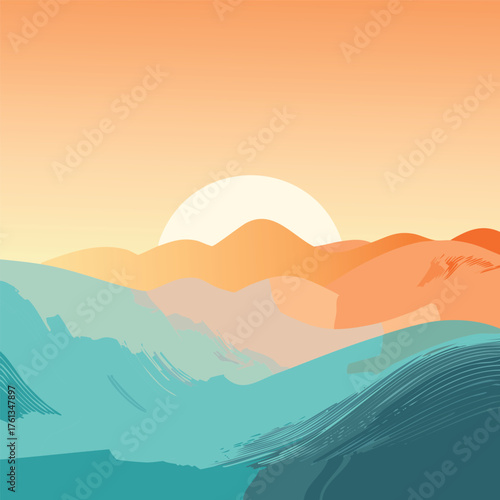 Abstract landscape with sun and layered mountains