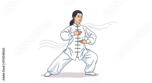 Graceful woman practicing Tai Chi in traditional white uniform, embodying serene movement and mindful discipline