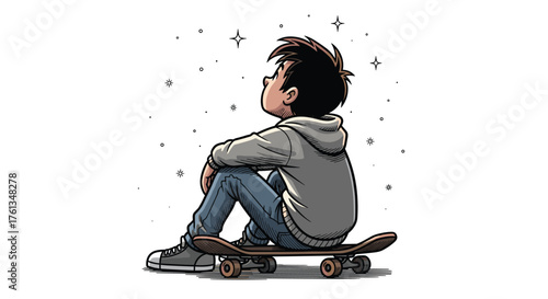 Young boy dreams big sitting on skateboard gazing at stars, inspiring wonder and imagination for future adventures