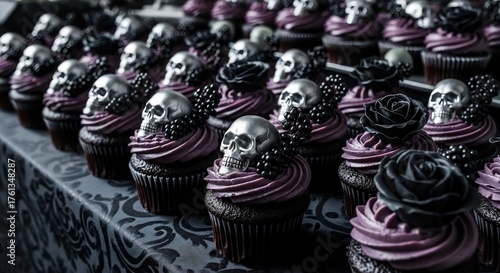 Gothic Halloween cupcakes with skull toppers & black roses. Perfect for spooky party invitations, themed dessert tables, or Halloween bakery promotions. Festive dessert.