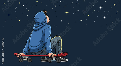 Teenager in hoodie gazes at starry night sky while sitting on skateboard, dreaming of future possibilities and adventure