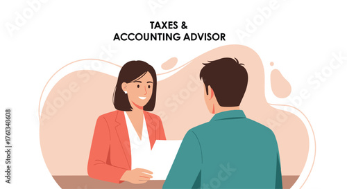 Confident businesswoman discusses financial planning with client, offering expert tax and accounting advice for business success