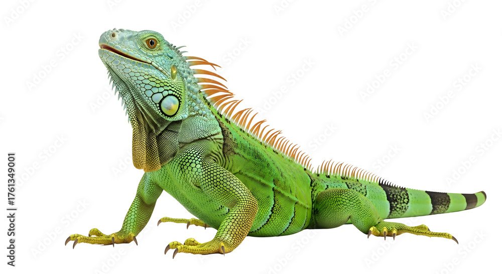 Fototapeta premium A Green Iguana Isolated on White Background a Colorful Reptile Lizard Close-up, Exotic Tropical Animal, Wildlife Nature Concept