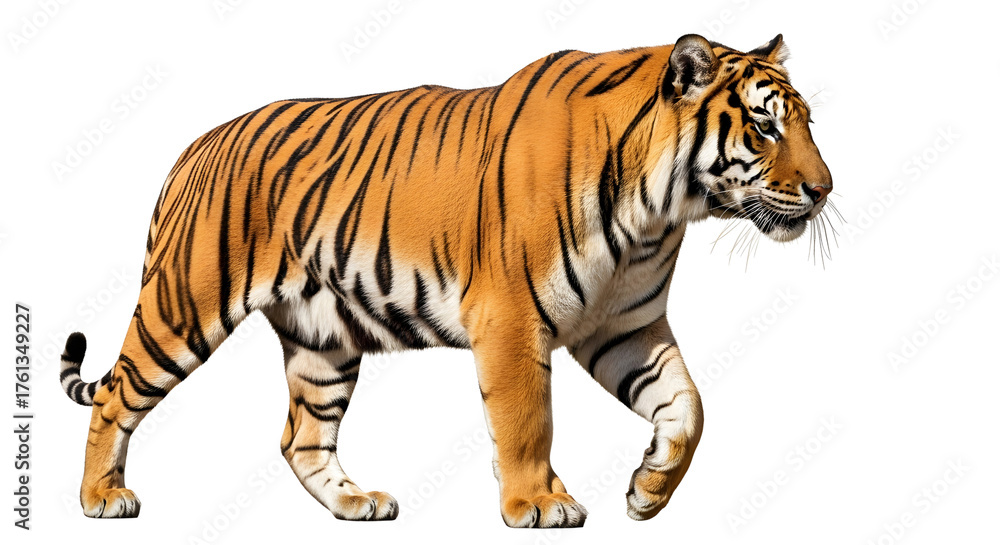 Obraz premium A Bengal Tiger Isolated on Transparent Background a Wild Big Cat Walking, Powerful Predator Animal, Wildlife Concept