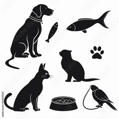 Collection of black silhouettes featuring a dog two cats a bird fish a paw print and a bowl of food on a white background
