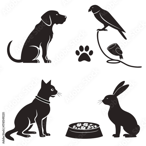 Collection of silhouettes featuring a dog cat rabbit bird paw print and food bowl representing domestic animals and pets