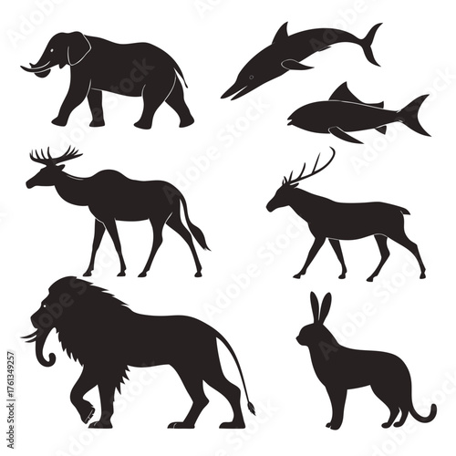 Collection of diverse animal silhouettes including an elephant lion deer dolphin fish camel and rabbit on a white background