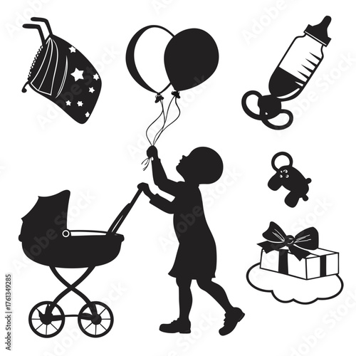 Silhouette of a child pushing a stroller holding balloons with baby items like a bottle toy gift and bag