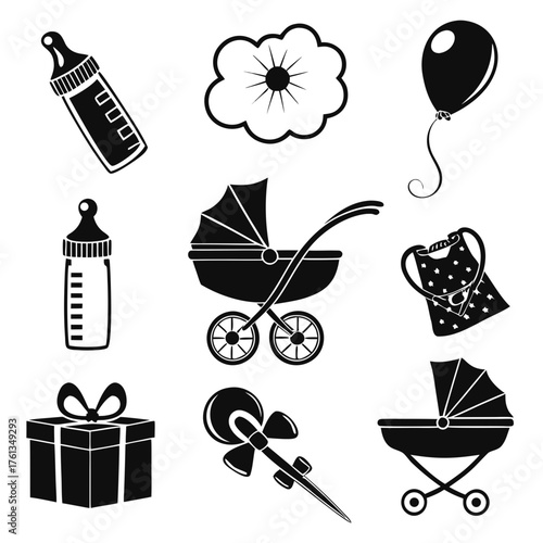 Collection of black and white baby icons including baby bottles a cloud a balloon a stroller a bib a gift box and a rattle on a white background