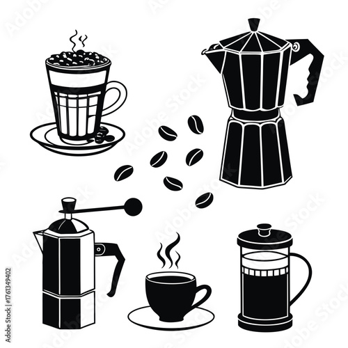 Collection of black and white vector illustrations depicting various coffee brewing methods and coffee beans on a white background
