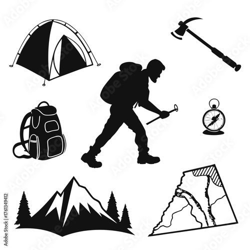 Silhouette collection of hiking and camping gear including a backpack tent mountaineer ice axe compass map and mountain landscape with trees