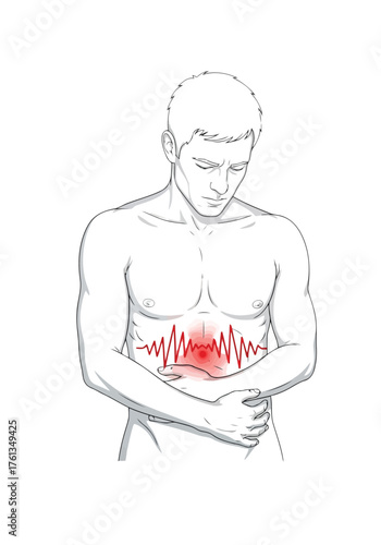 Vector illustration of man with abdominal pain and heartbeat line