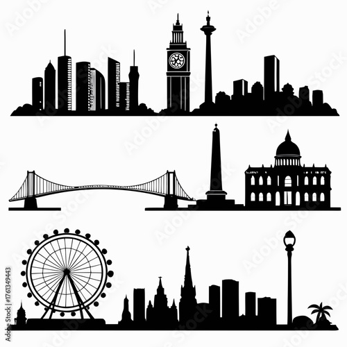 Collection of famous city skylines and landmarks in silhouette against a white background