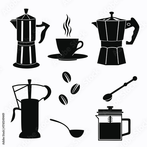 Collection of black silhouette icons representing coffee making equipment including moka pots coffee beans a steaming cup of coffee a french press and various spoons