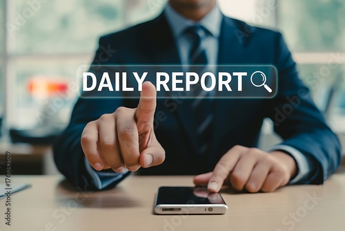 Businessman pointing at a digital screen displaying the words daily report