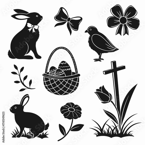 Collection of easter themed black silhouette icons including rabbits a bird a basket of decorated eggs a cross with a tulip bows a sprig and a flower