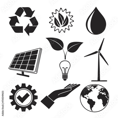 Collection of black and white icons representing environmental sustainability and renewable energy sources including recycling solar power wind turbines and water conservation
