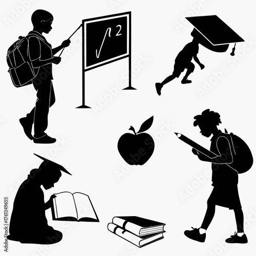 Diverse group of children in silhouette engaged in various educational activities including learning reading writing and playing at school with a blackboard apple and books