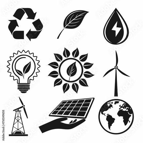 Collection of black and white icons representing environmental sustainability and renewable energy sources including recycling leaf lightbulb wind turbine solar panel and earth