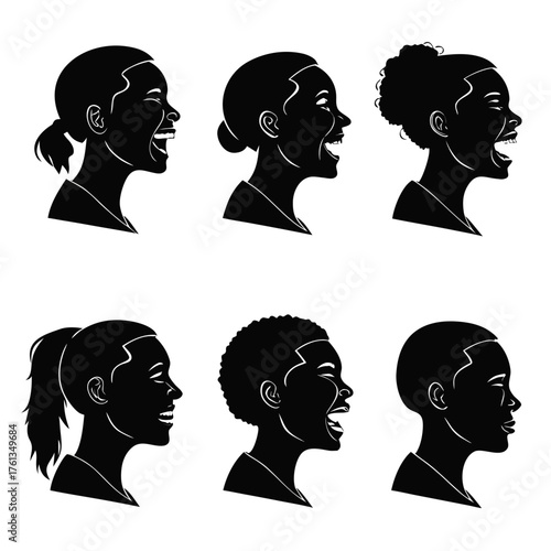 Six diverse black female profile silhouettes in various hairstyles expressing joy and laughter with open mouths and closed eyes