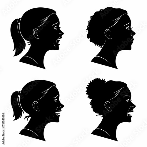 Four black silhouette profiles of diverse women expressing strong emotions like crying screaming and laughter