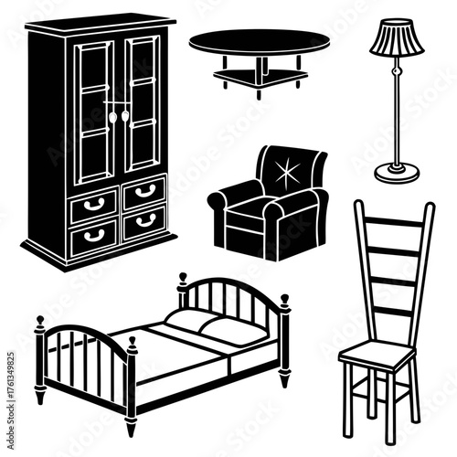 Collection of classic black and white furniture icons including a wardrobe armchair bed floor lamp coffee table and a tall chair