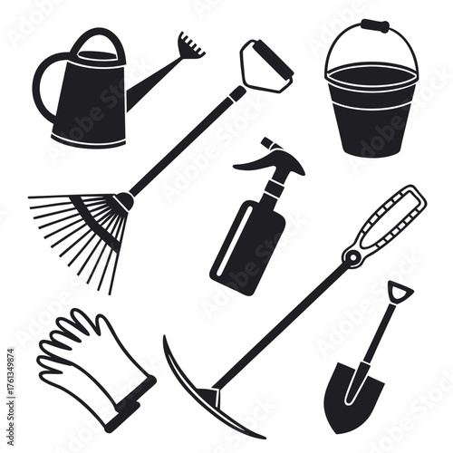 Collection of black silhouette garden tools including a watering can rake sprayer bucket gloves shovel and pickaxe isolated on white background