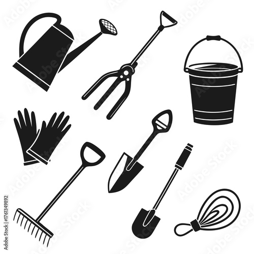 Collection of black silhouette garden tools including a watering can gardening fork gloves bucket rake two shovels and a hand trowel on a white background