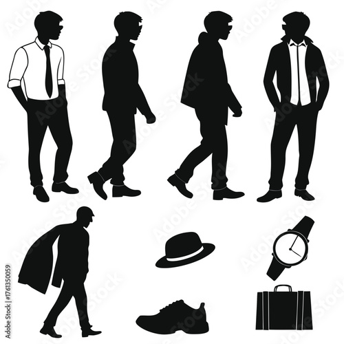 Collection of black silhouette illustrations of men in various outfits and accessories including a suit casual wear and a cape along with a hat shoe watch and briefcase
