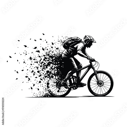 Vector illustration of mountain biker riding fast with abstract particle effect