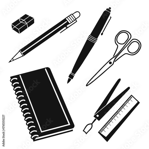 Collection of black silhouette stationery and writing tools including a notebook pens scissors eraser ruler and tweezers on a white background