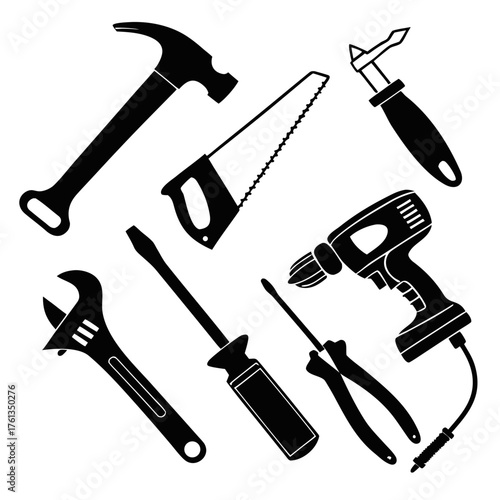 A collection of black silhouette illustrations of common hand and power tools arranged in a scattered pattern on a white background