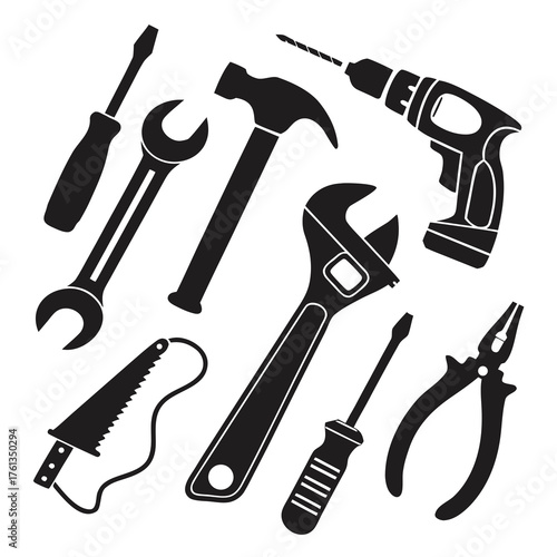 Collection of black silhouette hand tools including a drill screwdrivers wrenches hammer pliers and saw on a white background