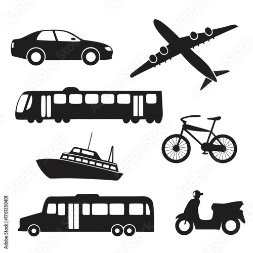Collection of black silhouette icons representing various modes of transportation including a car airplane train boat bicycle bus and scooter on a white background