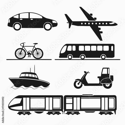Collection of black silhouette icons representing various modes of transportation including a car airplane bicycle bus boat scooter and train