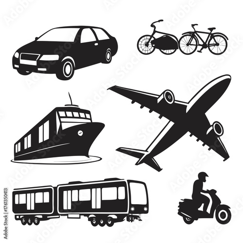 Collection of black silhouette icons representing various modes of transportation including a car airplane train ship bicycle and scooter