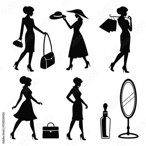 Collection of elegant black silhouettes of women in fashionable attire with accessories like handbags hats and shopping bags alongside beauty items like perfume and a mirror