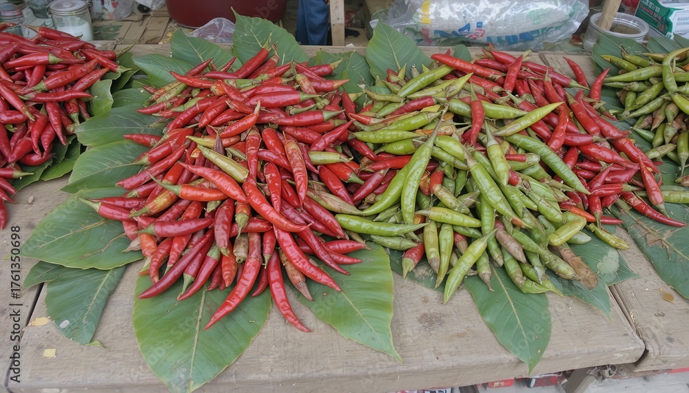 Naklejka premium Freshly harvested red and green chili peppers displayed on lush green leaves, bringing vibrant colors and spicy flavors to your culinary creations