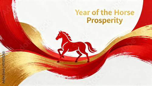 Red horse silhouette on flowing red and gold waves with 'Year of the Horse Prosperity' text
