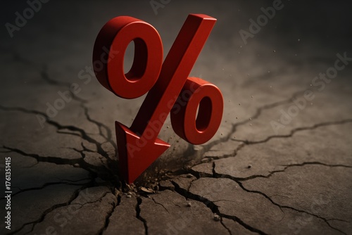 Red percentage symbol with downward trend on cracked surface, symbolizing financial decline or reduced rates.
